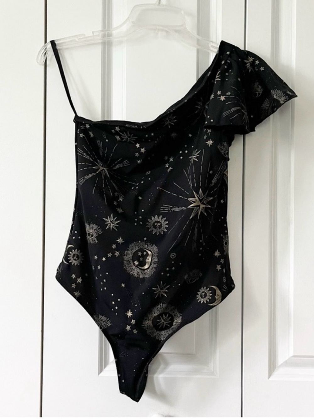 Carbon38 Black One-Shoulder Bodysuit with Gold Celestial Print - Picture 6 of 8